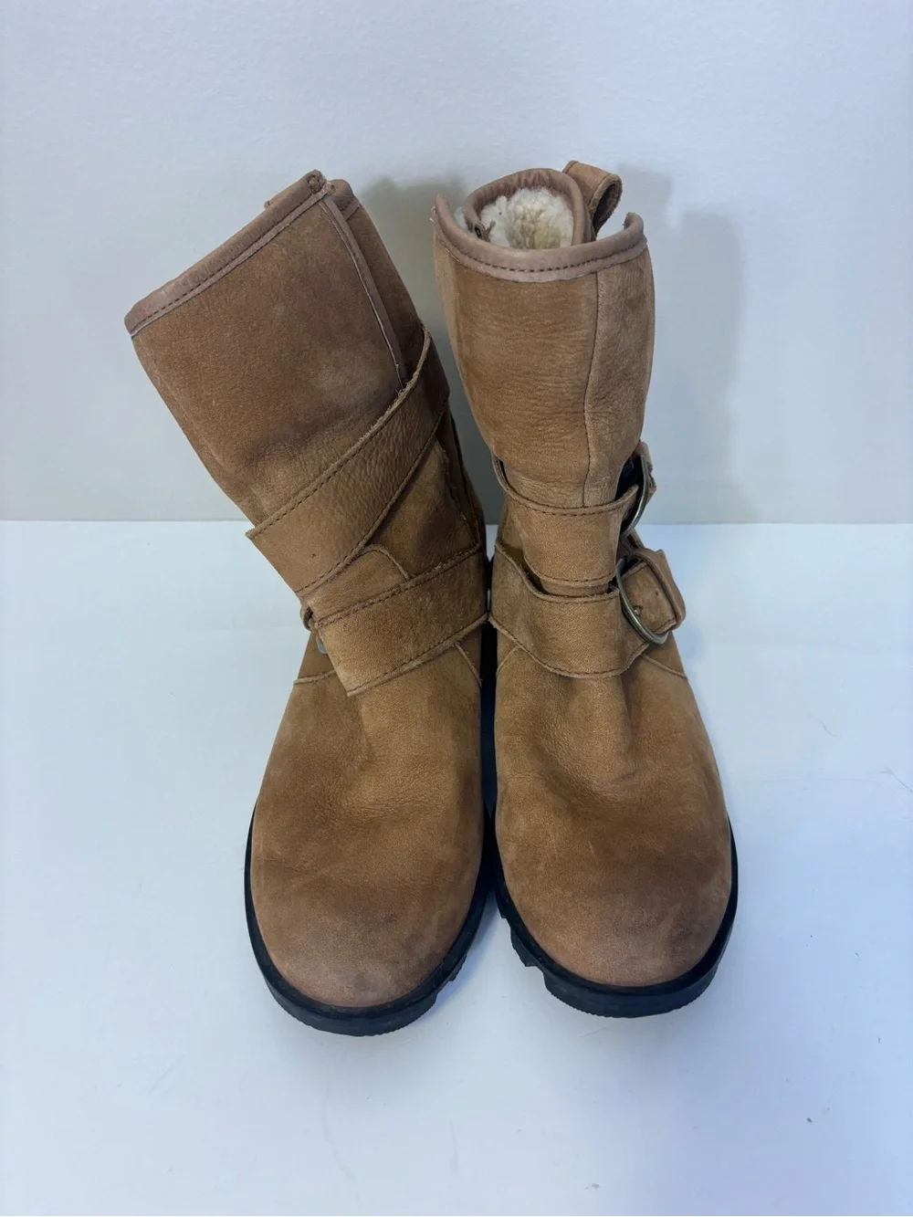 Sorel Tan Suede Buckle Combat-Style Fur Lined Mid Calf Boots Women’s 7